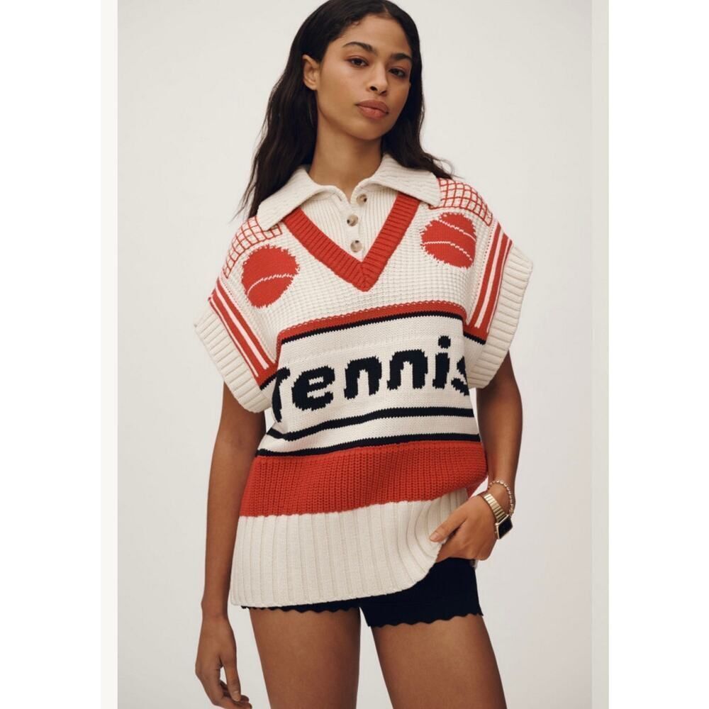Anthropologie Maeve V Neck Button Up Tennis Sweater Knit Twofer Size M New